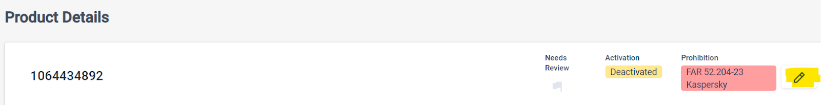 Verified Products Portal screenshot of Product Details, with the word Deactivated highlighted in yellow.