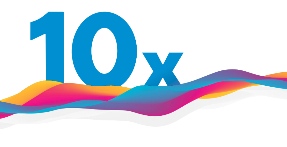 A whitebox with the words “10x” a decorative ribbon of various colors - light purple, dark purple, yellow, and orange respectively.