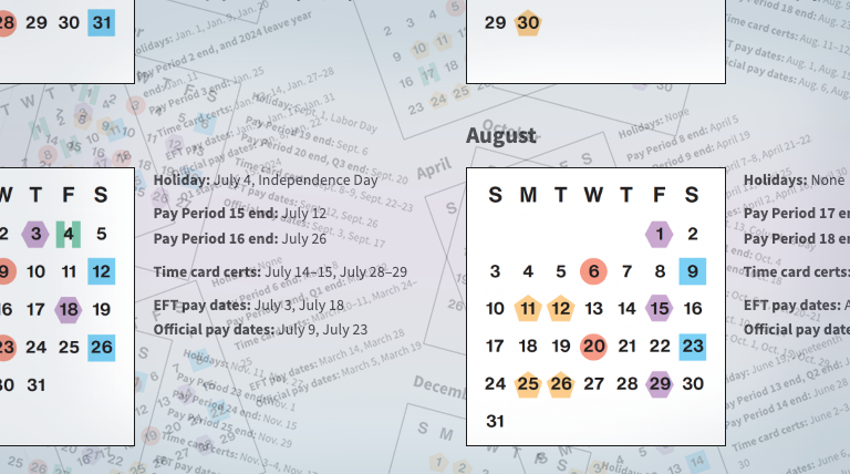 An illustration of geometric shapes showing parts of calendar months with the word August