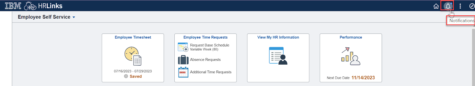 Screenshot of Self Service homepage with notifications icon highlighted