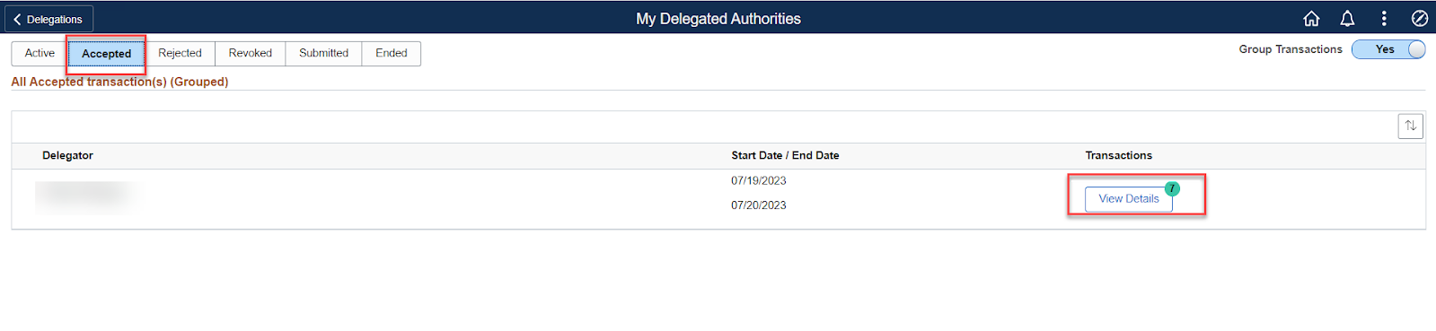Screenshot of My Delegated Authorities page with the Accepted and view details options highlighted