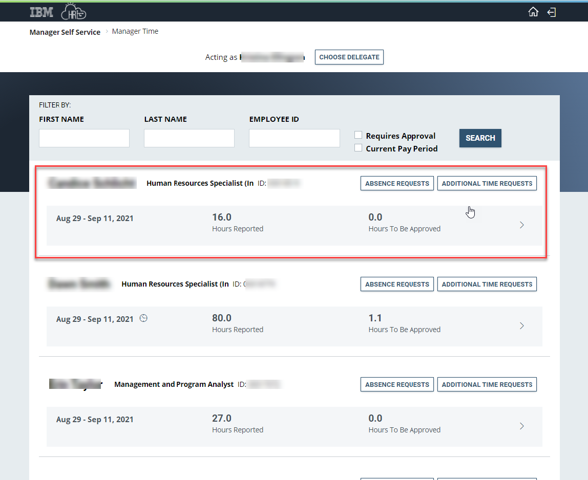 Screenshot of the Manager Time page with the employee highlighted