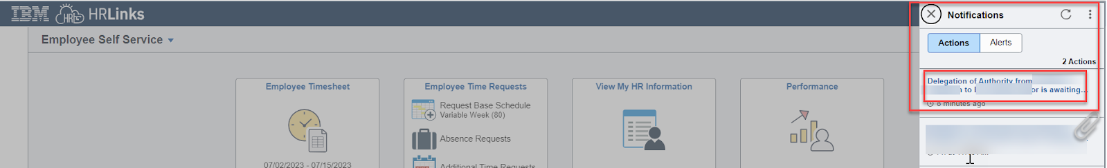 Screenshot of Self Service homepage with notifications popup highlighted