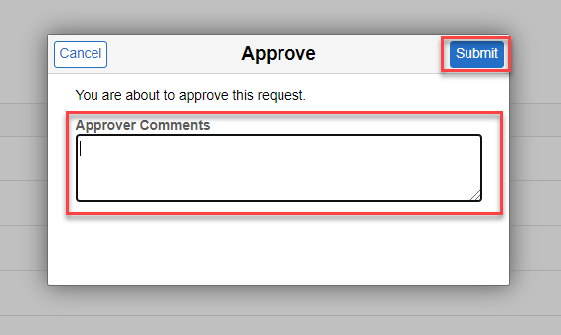 Screenshot of the approve popup with comments and submit highlighted