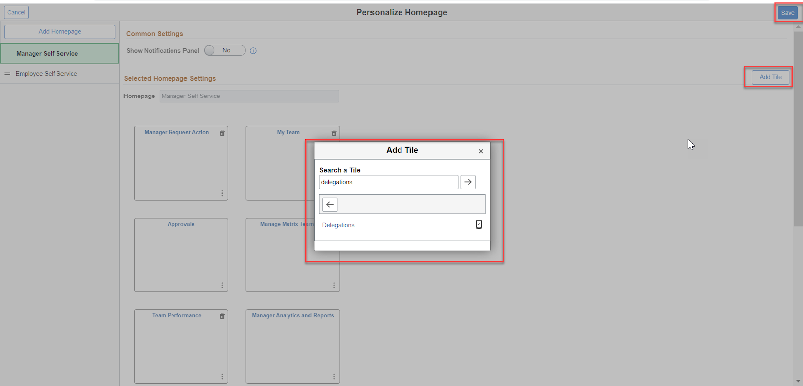 Screenshot of the Manager Self Service homepage with the Add Tile popup highlighted