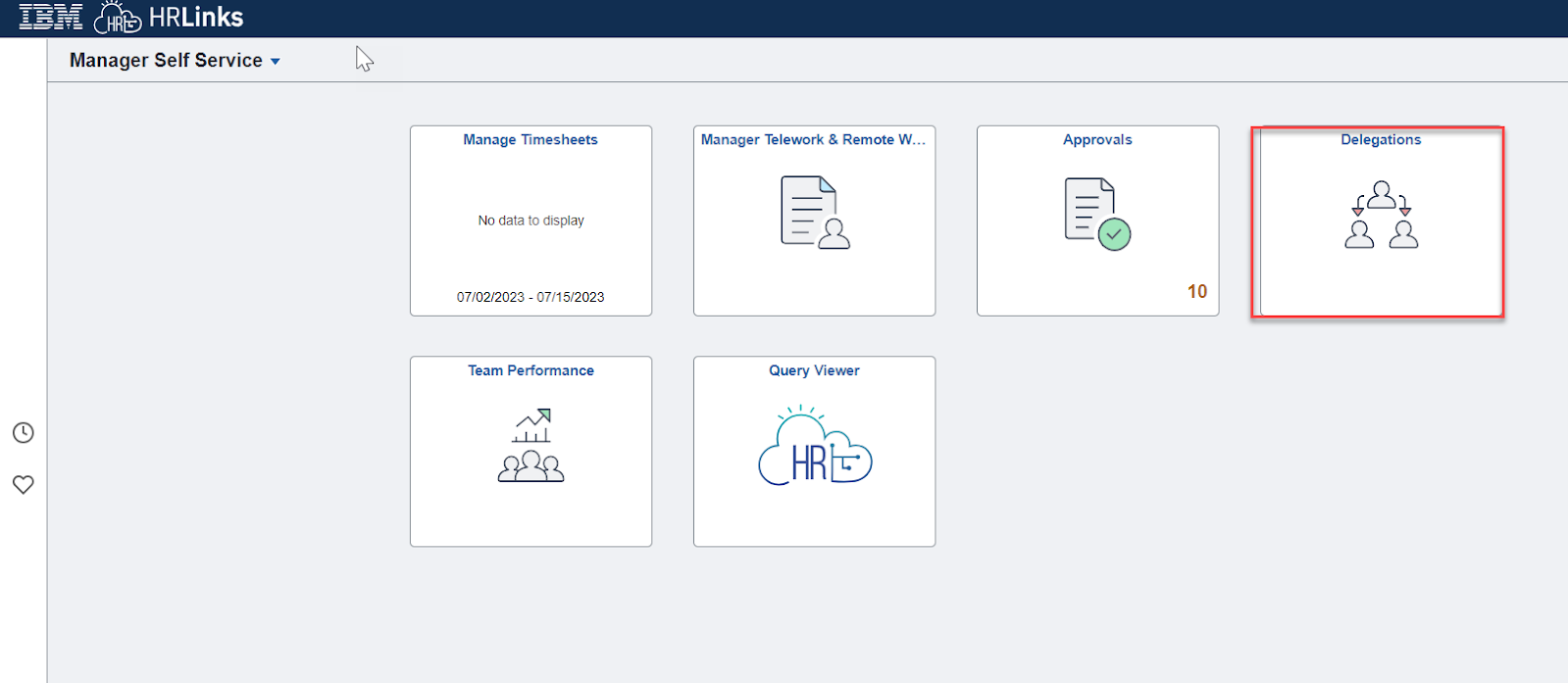 Screenshot of the Manager Self Service homepage with the Delegations tile highlighted
