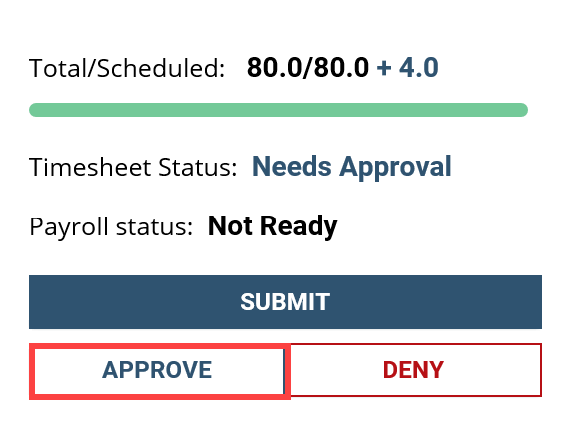 Screenshot of the Timesheet Status dialog box with approve button highlighted