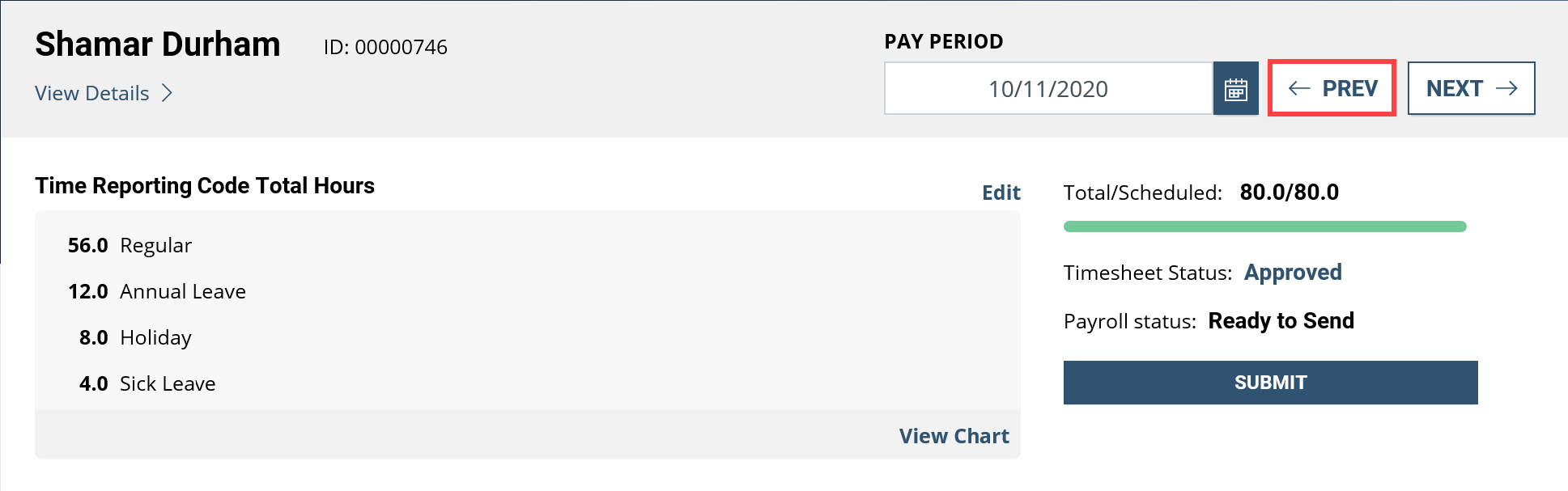 Screenshot of the employee timesheet page with previous button highlighted