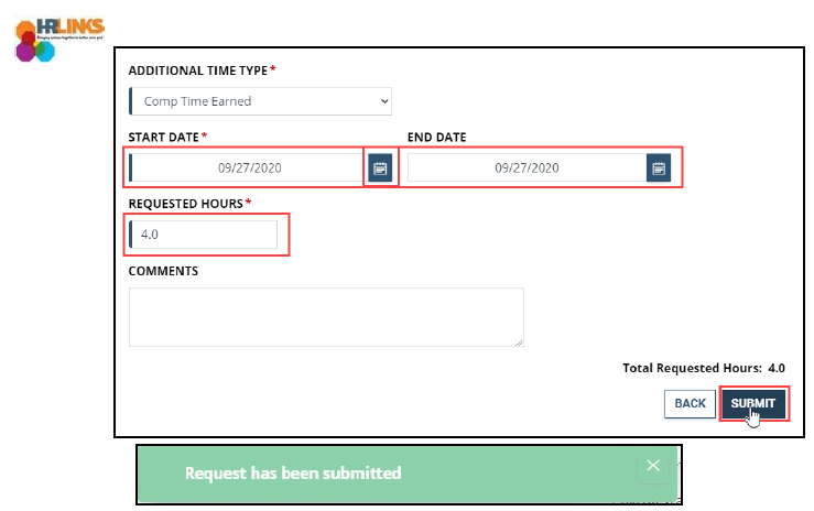 Screenshot of the Additional Time Type dialog box with start date, end date, requested hours and submit highlighted