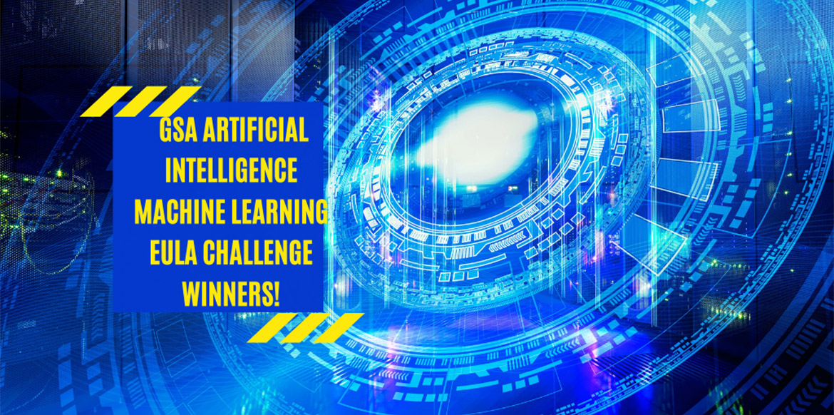 Blue abstract image of concentric circles and shapes to represent artificial intelligence, with text GSA artificial intelligence machine learning EULA challenge winners
