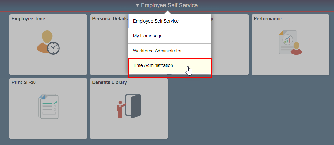 Screenshot of the Employee Self Service home page with drown down and time administration highlighted
