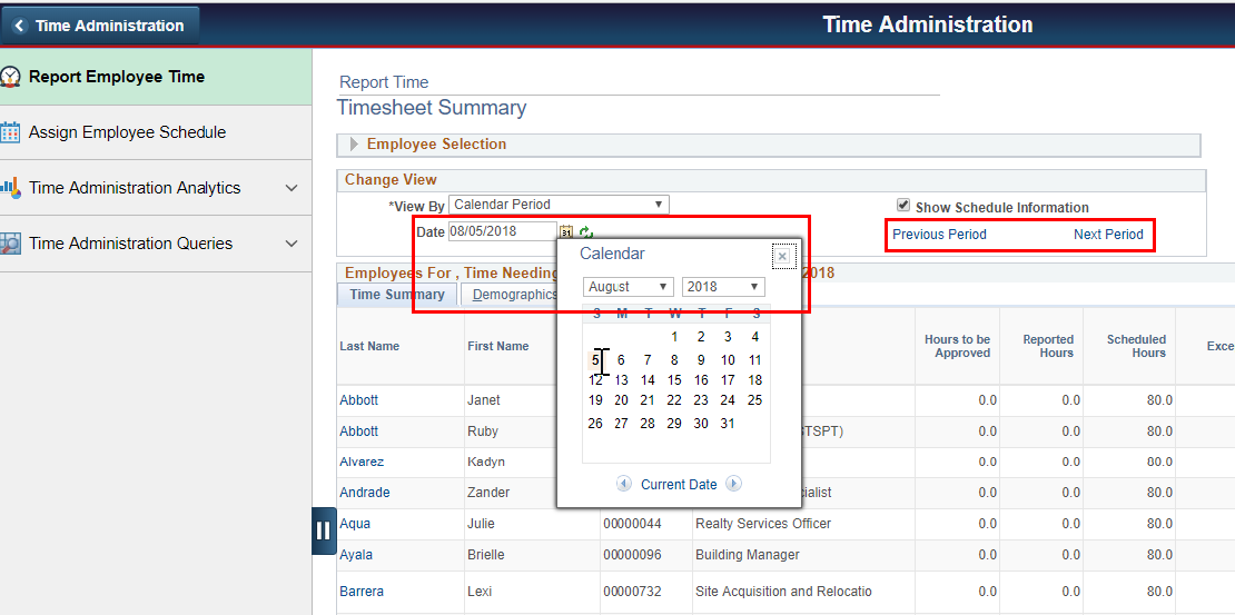 Screenshot of the Report Employee Time tab with Date field or Previous/Next Period highlighted