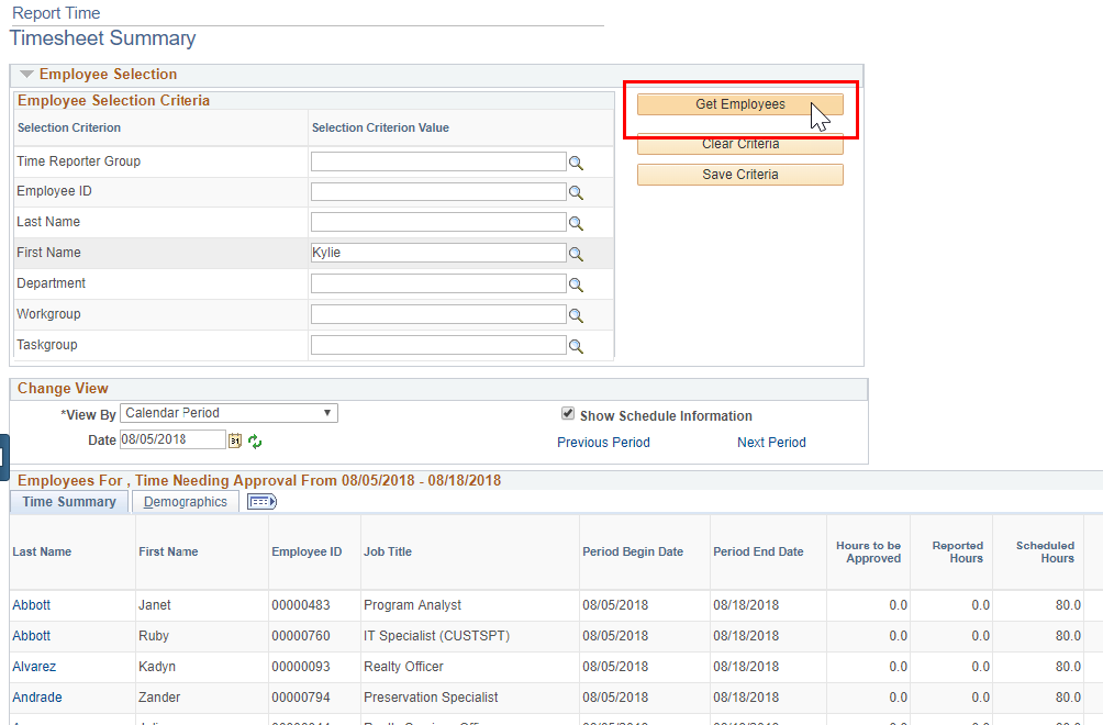 Screenshot of the timesheet summary with Get Employees button highlighted