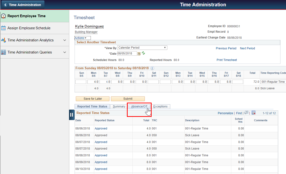 Screenshot of the employee’s timesheet with Absence/OT tab highlighted