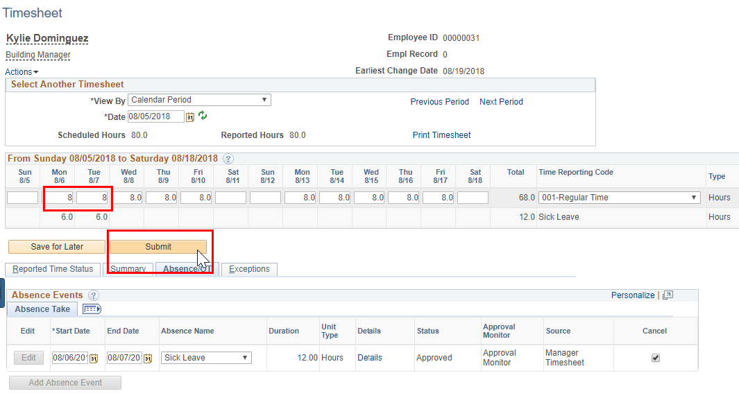 Screenshot of the employee’s timesheet with dates and Submit highlighted