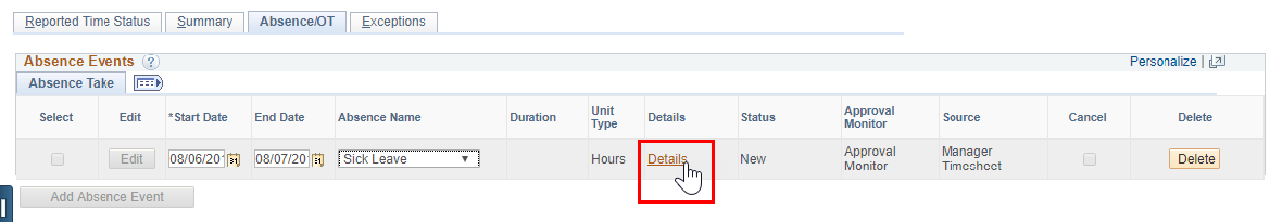 Screenshot of the employees timesheet with the details link highlighted