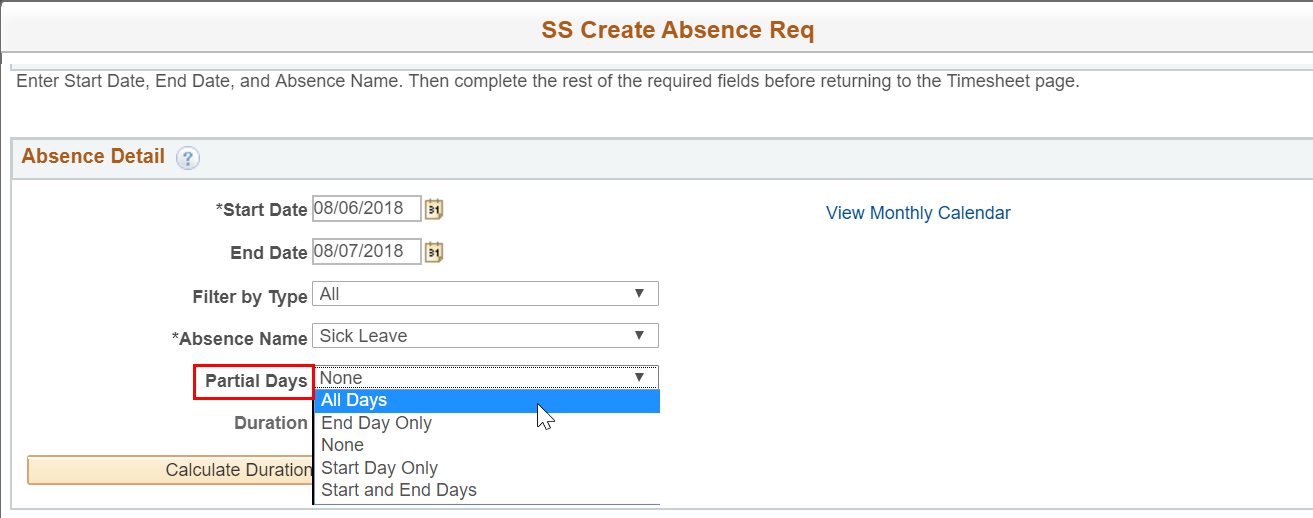 Screenshot of the Absence Event Details screen with the partial days highlighted