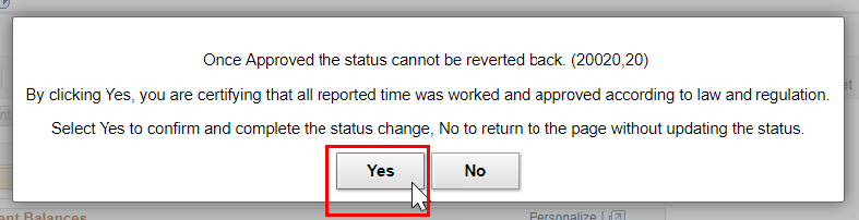 Screenshot of the attestation message with the Yes button highlighted