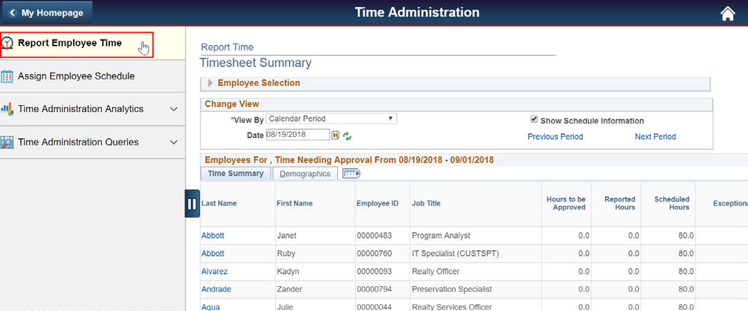 Screenshot of the Time Administration with report employees time highlighted