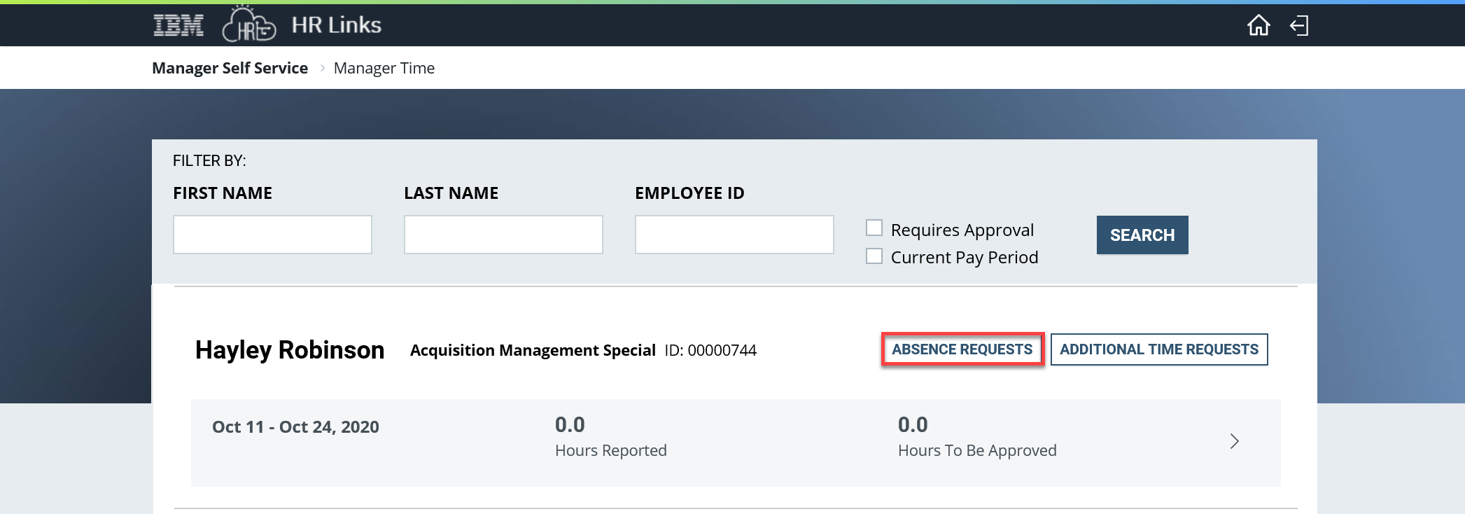 Screenshot of the Manager Self Service page with Absence Requests highlighted