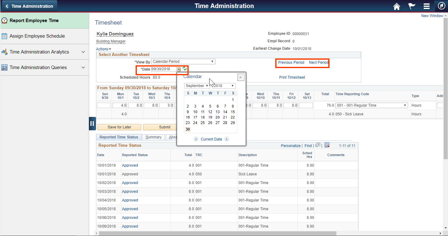 Screenshot of the Report Employee Time tab with Date field and Previous Period highlighted