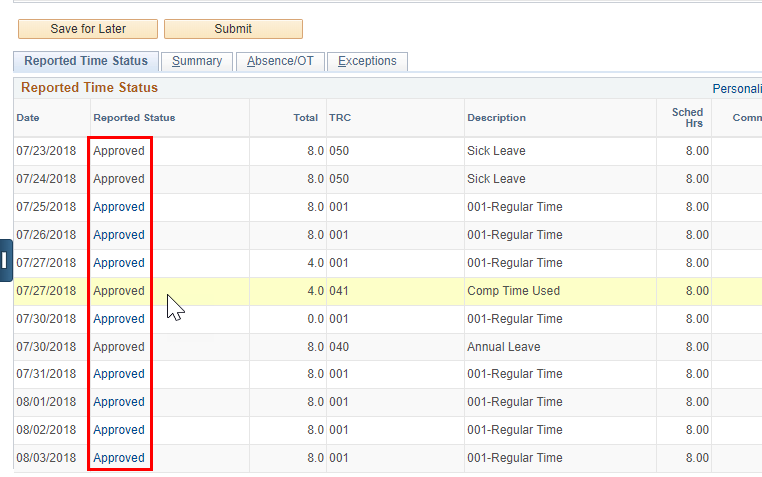 Screenshot of the reported time status with Approved status highlighted