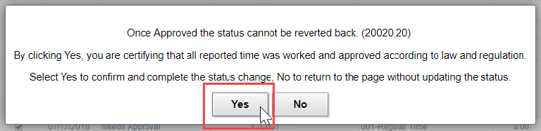 Screenshot of the attestation message with the Yes button highlighted