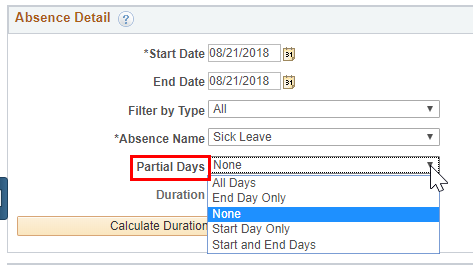 Screenshot of the absence details with partial days highlighted