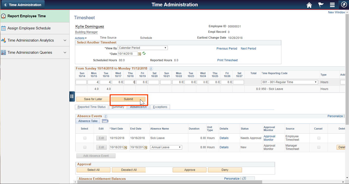 Screenshot of the employees page with submit highlighted