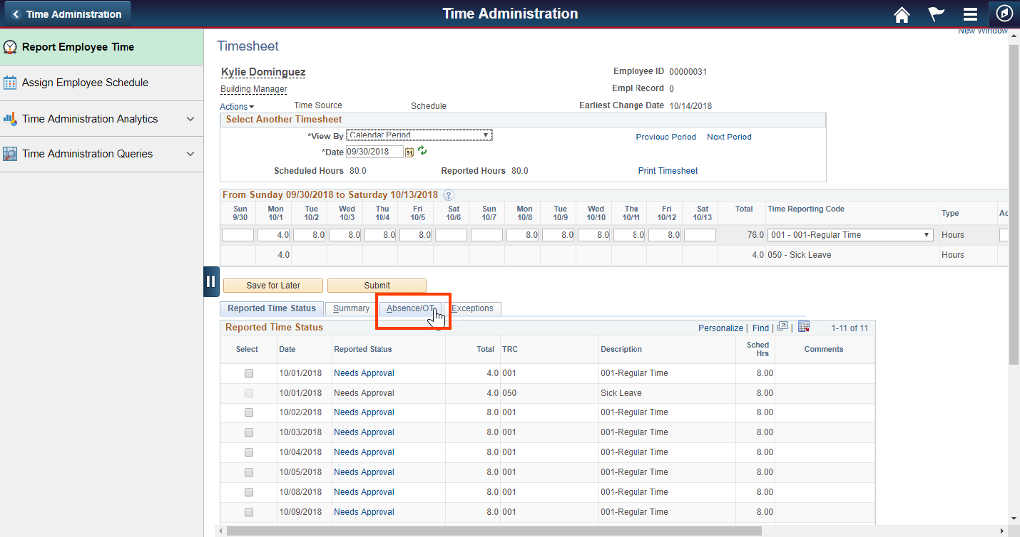 Screenshot of the Report Employee Time tab with Absence/OT highlighted