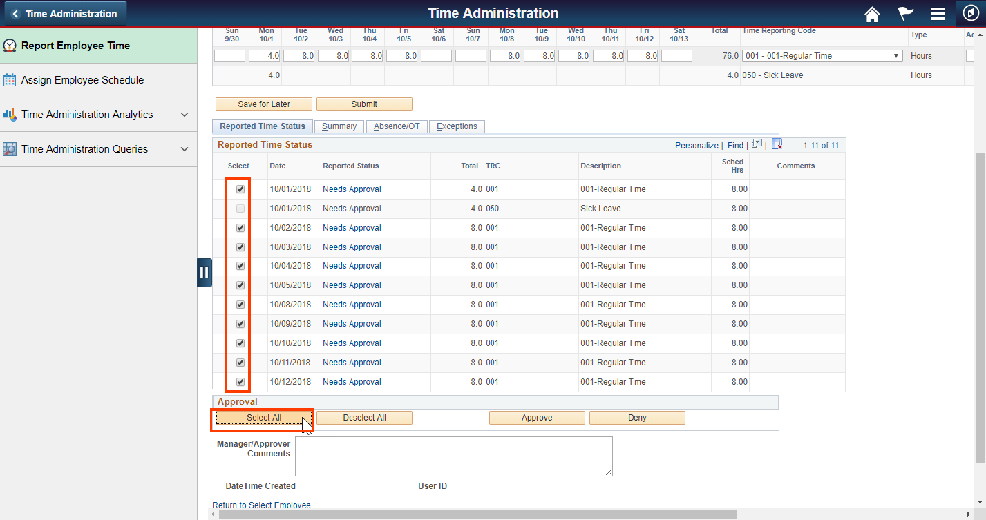 Screenshot of the Reported time status with Select All button highlighted