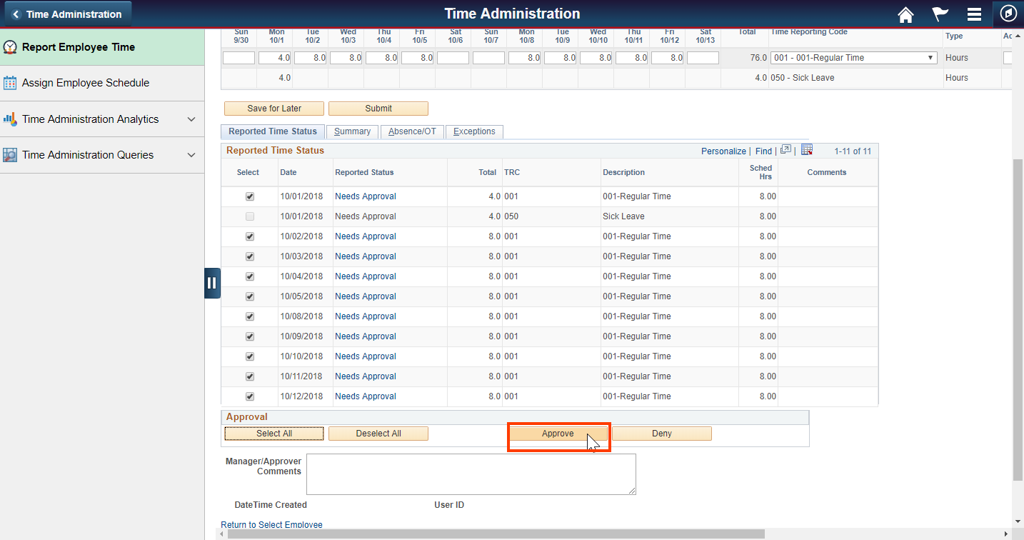 Screenshot of the Reported time status with the Approve button highlighted