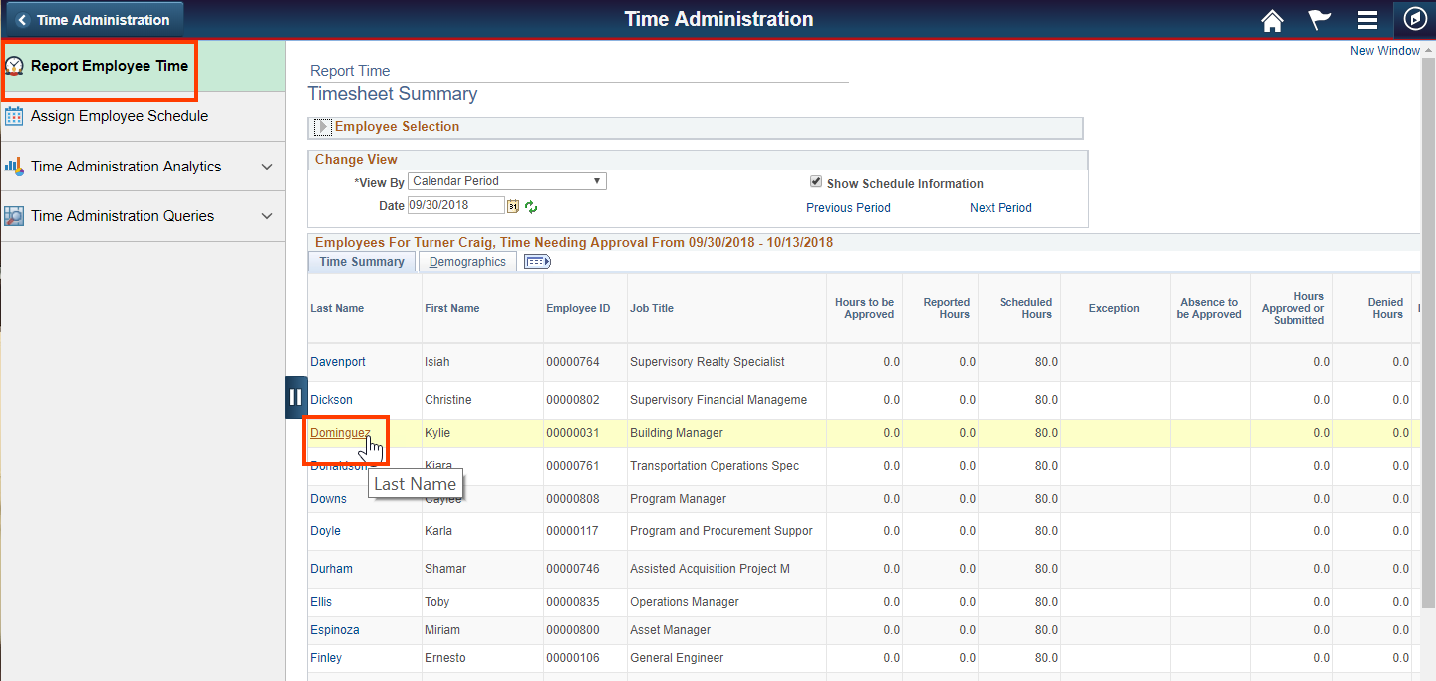 Screenshot of the Report Employee Time tab with Approved employee highlighted