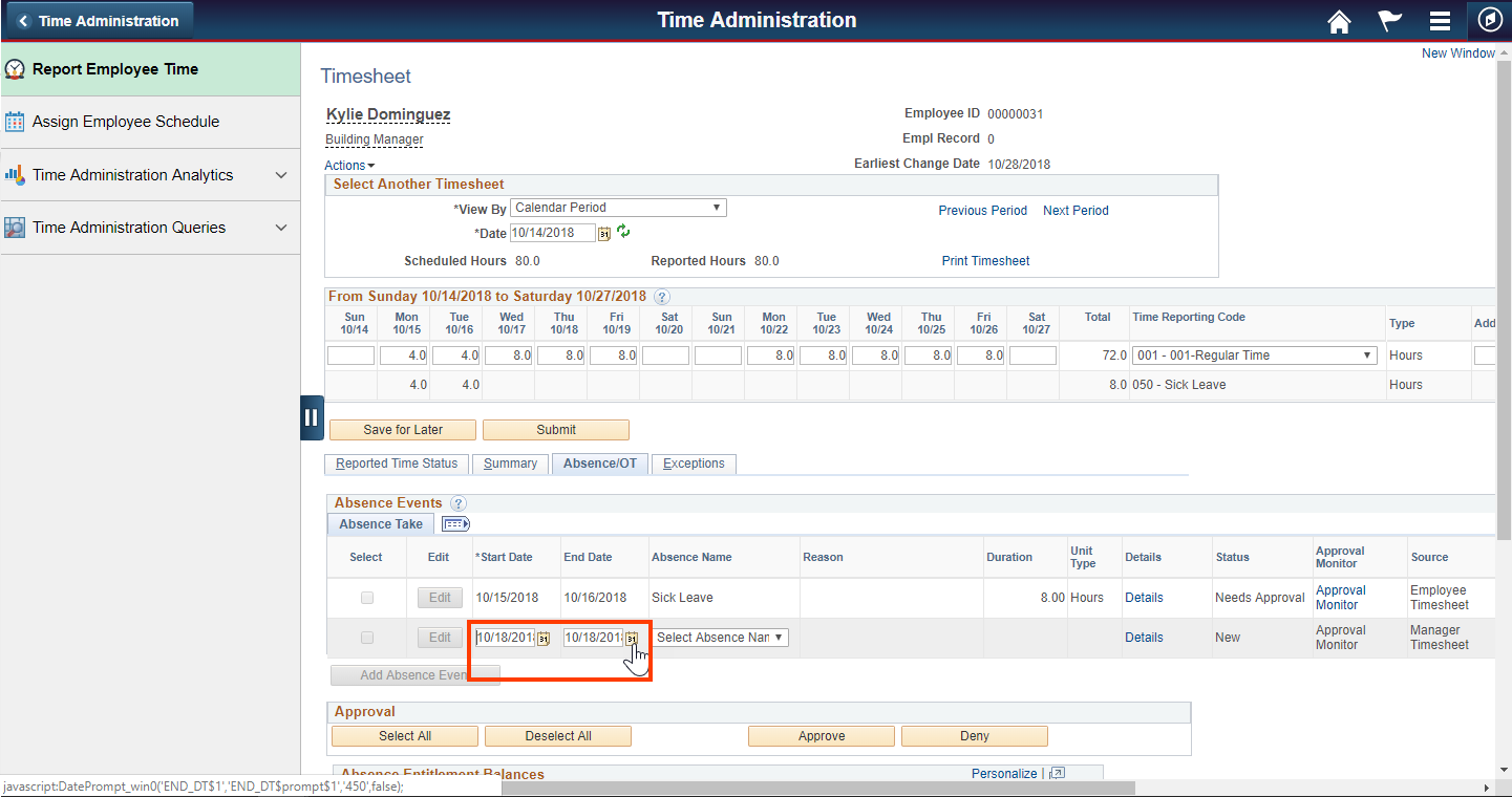 Screenshot of the Report Employee Time tab with Start Date and End Date fields highlighted