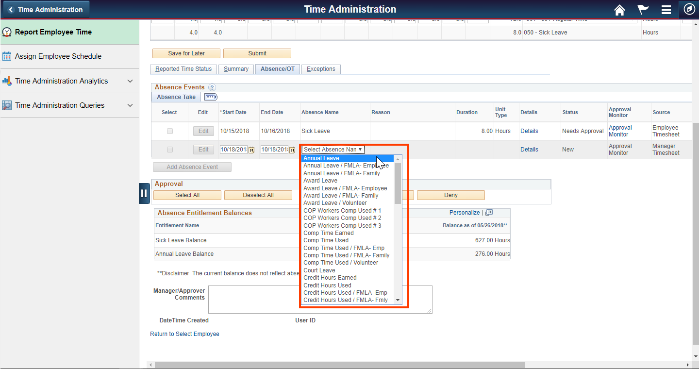 Screenshot of the Report Employee Time tab with Absence Name drop-down highlighted