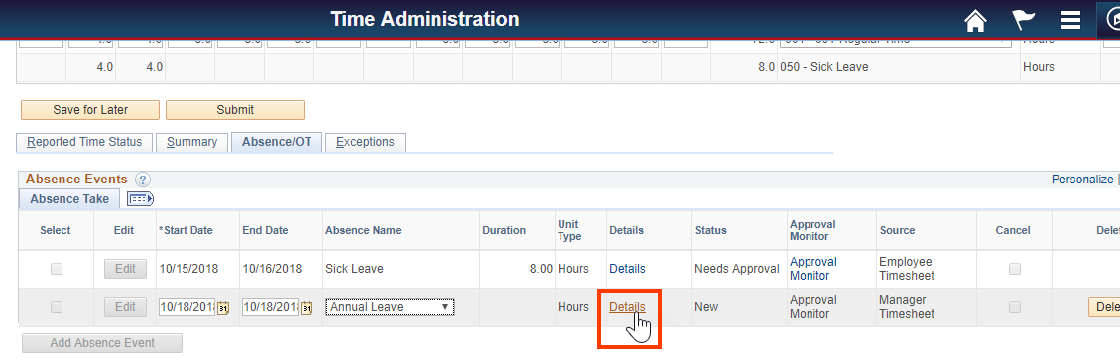 Screenshot of the absence event tab with details highlighted