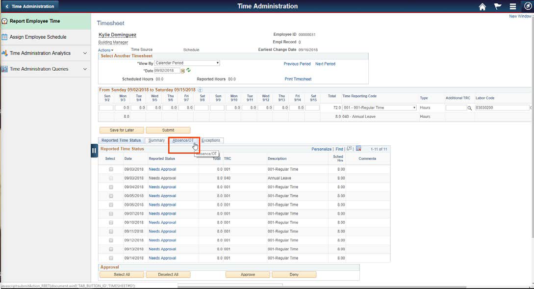 Screenshot of the Report Employee Time tab with the Absence/OT tab highlighted