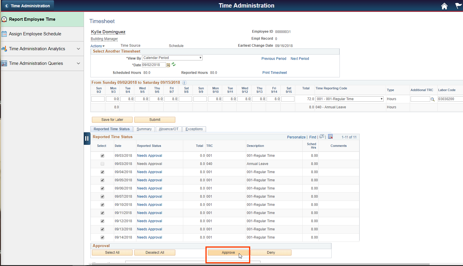 Screenshot of the Report Employee Time tab with the Approve button highlighted