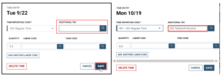 Screenshot of the Time Entry screen with Additional time reporting code dropdown highlighted