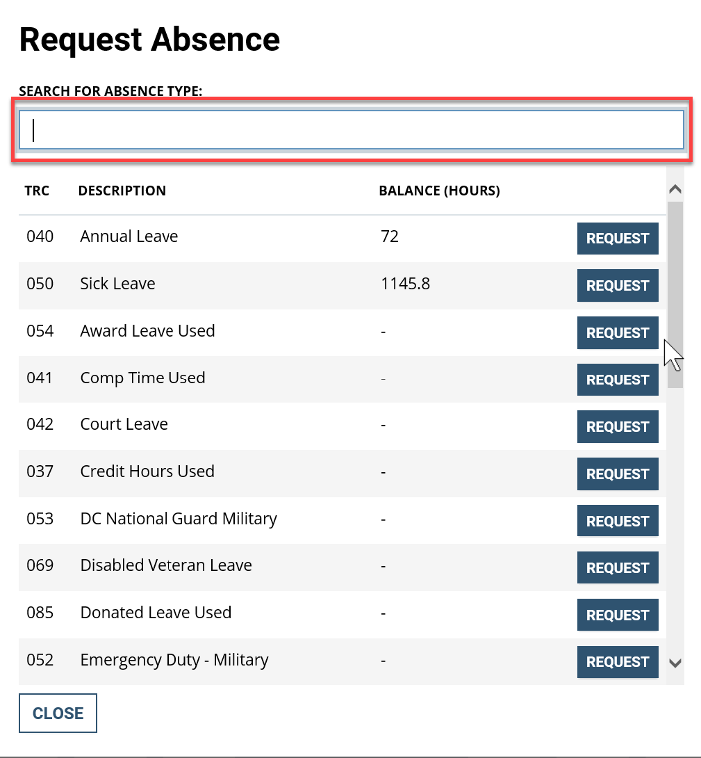 Screenshot of the Request Absence screen with search field highlighted