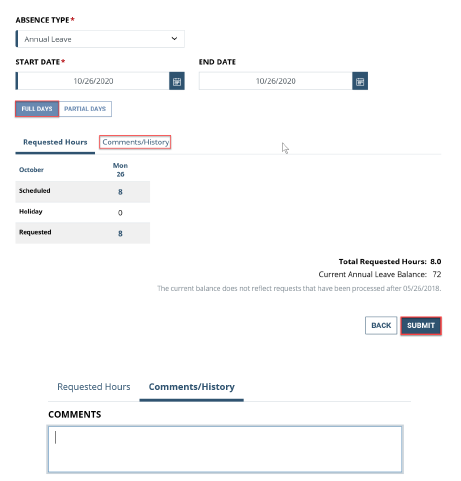 Screenshot of the Absence Type dialog box with Comments/History highlighted