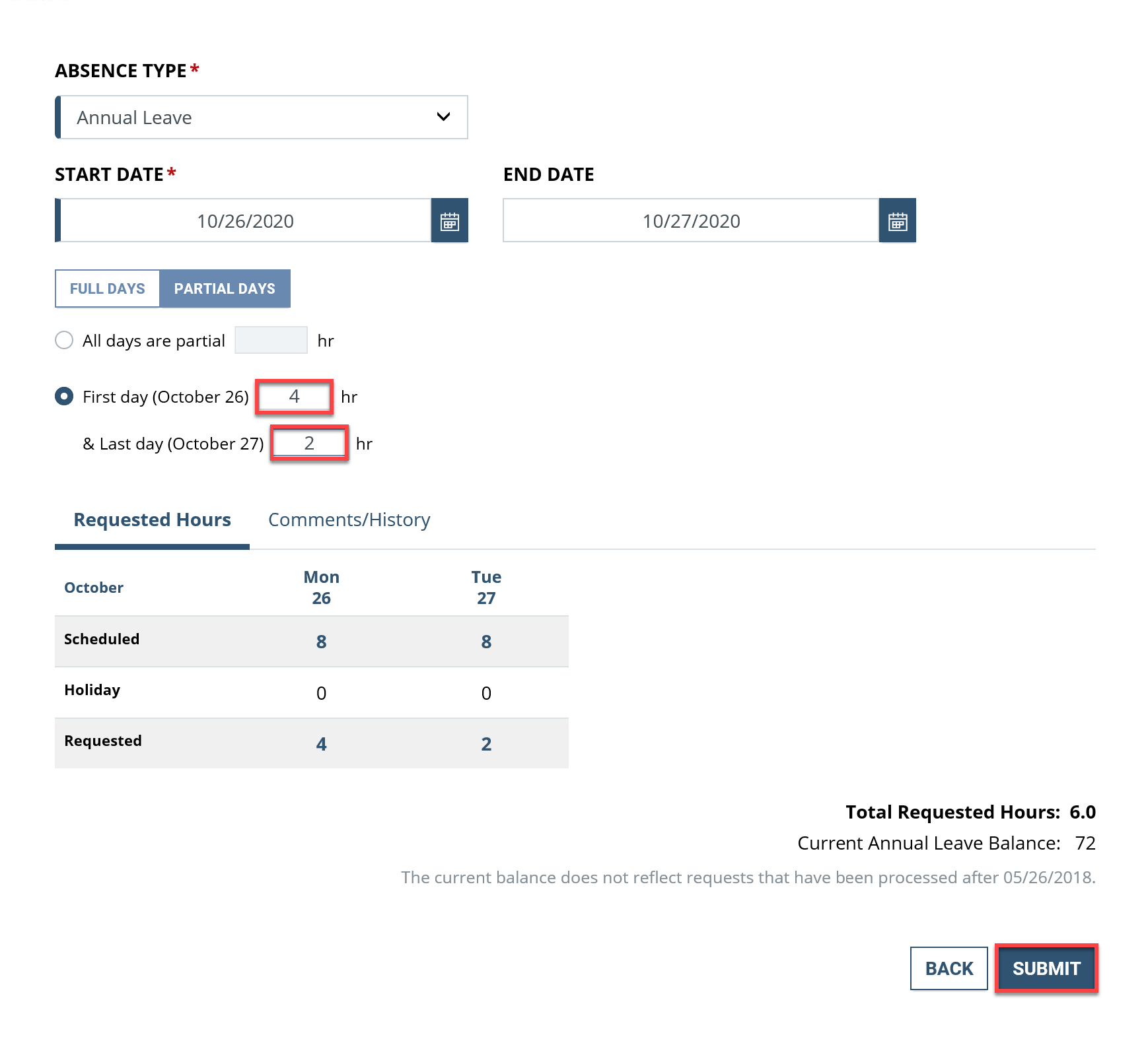 Screenshot of the Absence Type dialog box with first and last days highlighted