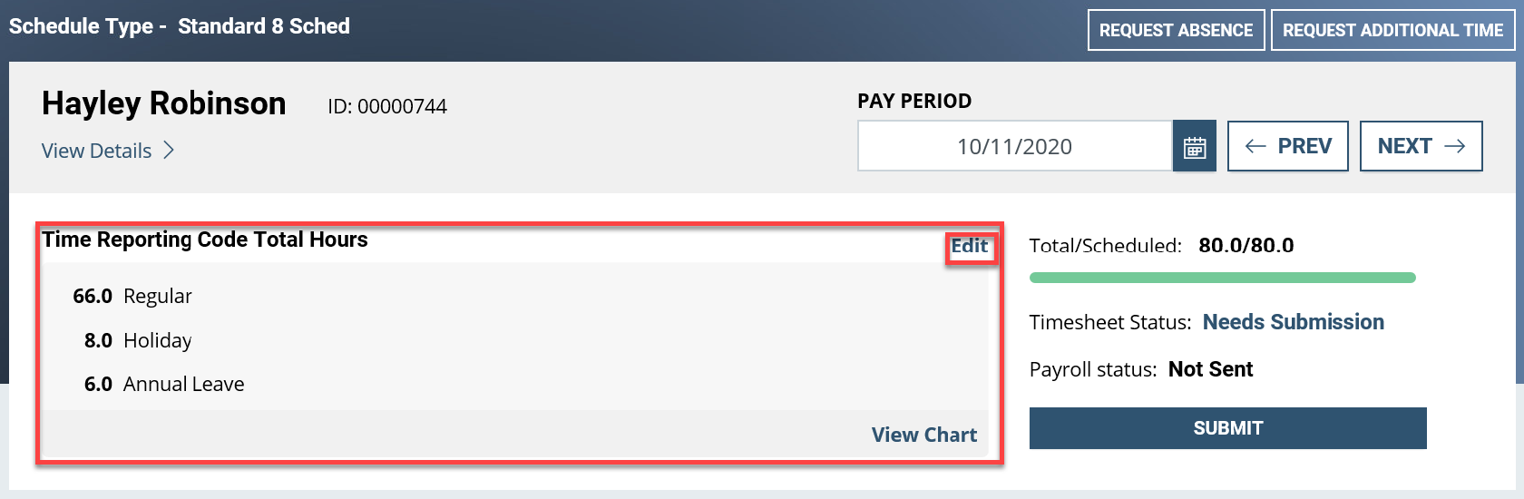 Screenshot of the Manager Time Schedule Type page with Time Reporting Code Total Hours highlighted