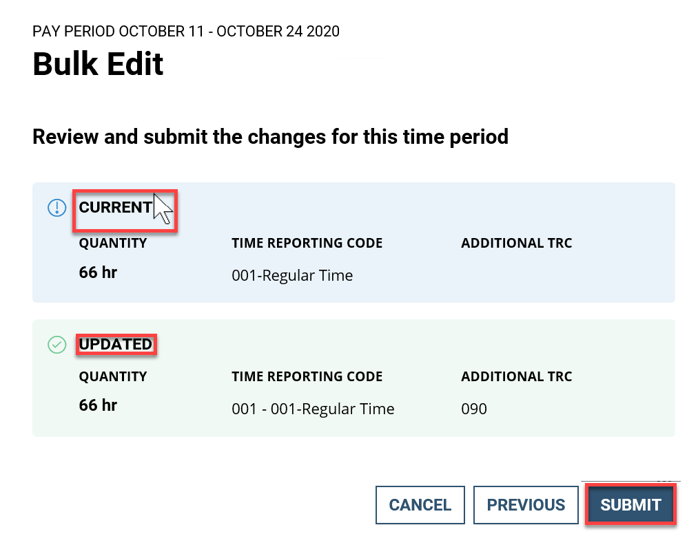 Screenshot of the Bulk Edit dialog box with Current, Updated and Submit highlighted