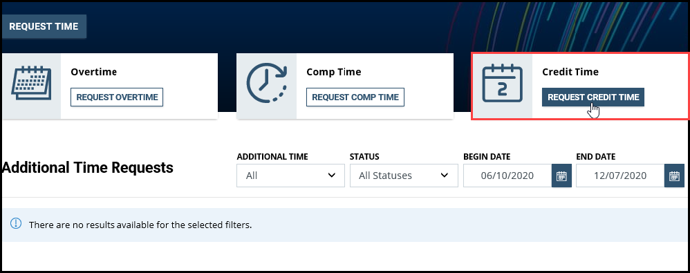 Screenshot of Additional Time page with Credit Time Request highlighted