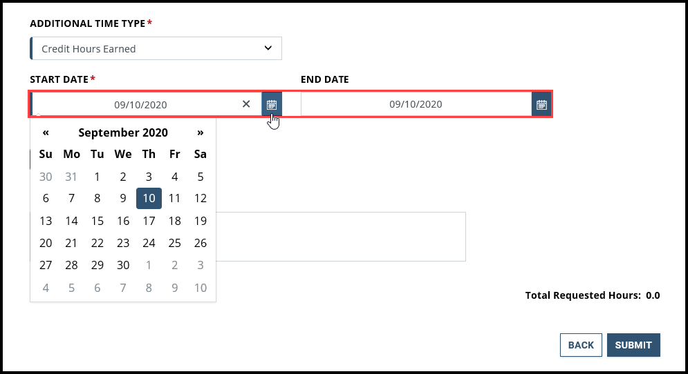 Screenshot of Additional Time page with start date calendar 