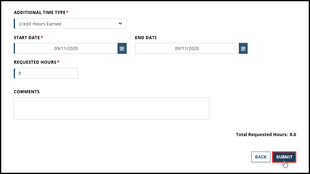 Screenshot of Additional Time page with Submit button highlighted