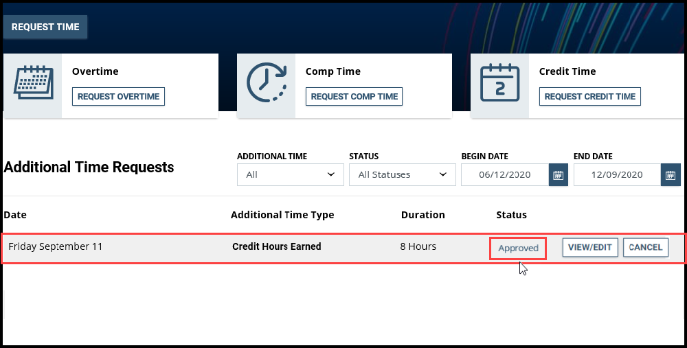 Screenshot of Additional Time page with status approved highlighted