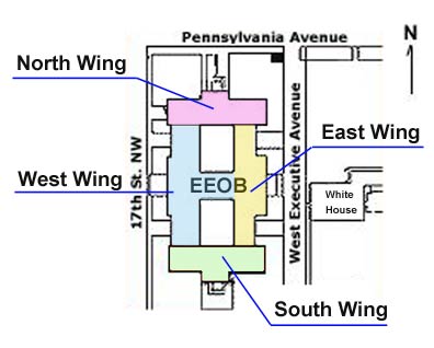 Illustration of the Eisenhower Executive Office Building showing the location of each of the four wings of the structure.