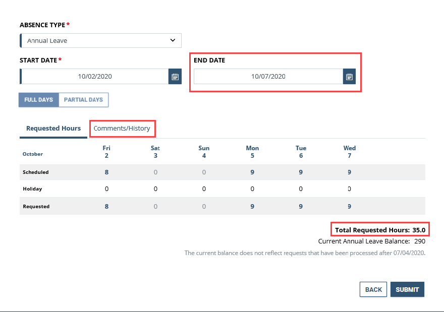 Screenshot of the Absence Type screen with Start and End Date, Comments and Total Requested Hours highlighted
